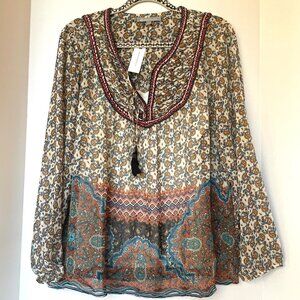 Anthropologie Daniel Rainn Paisley Chiffon Blouse  Large V-Neck Long Sleeve